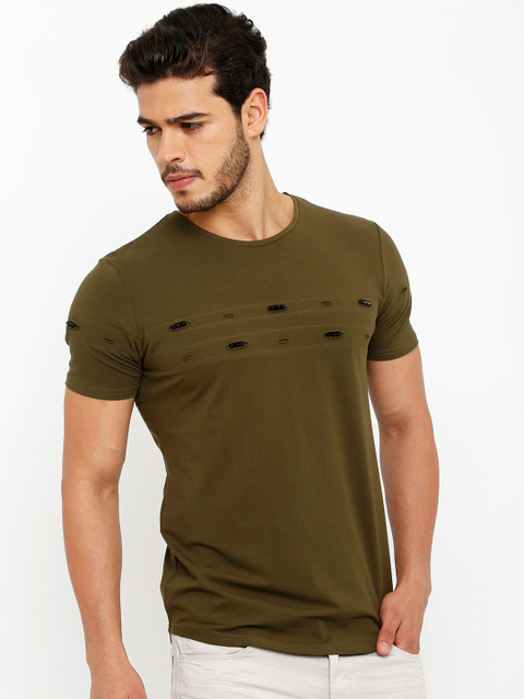 

Rex Straut Jeans Men Olive Green Solid Round Neck T-shirt