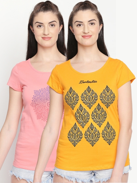 

Ajile by Pantaloons Women Pack of 2 Printed Round Neck T-shirts, Yellow