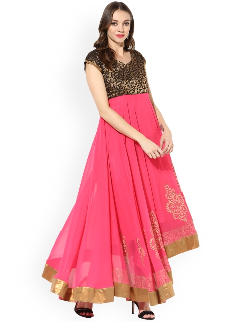 

MBE Women Pink & Black Block Printed Anarkali Kurta