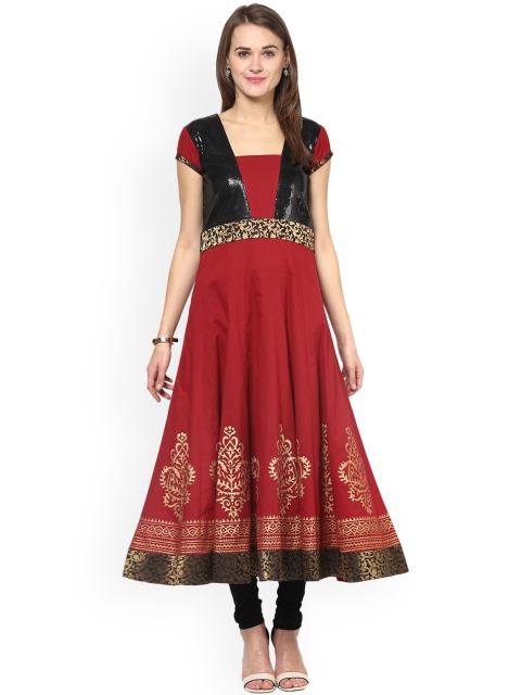 

MBE Women Maroon & Black Block Printed A-Line Kurta