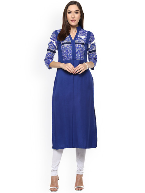 

MBE Women Blue Printed Straight Kurta