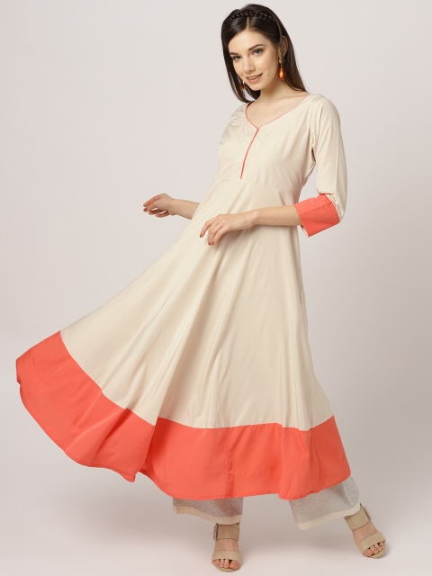 

MBE Women Beige & Orange Colourblocked Anarkali Kurta