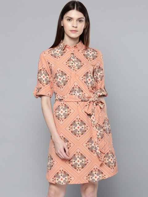 

Chemistry Women Peach-Coloured & Brown A-Line Dress