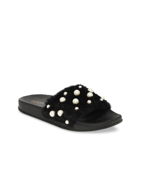 

ESTATOS Women Black Textured Faux Fur Open Toe Flats