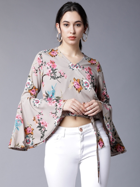 

Tokyo Talkies Women Taupe Printed Wrap Crop Top