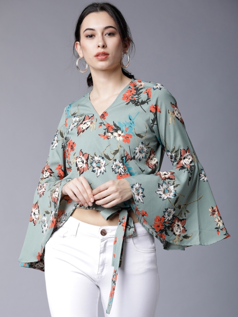 

Tokyo Talkies Women Green Printed Wrap Crop Top