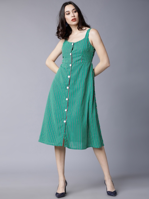 

Tokyo Talkies Women Green Striped Fit and Flare Dress