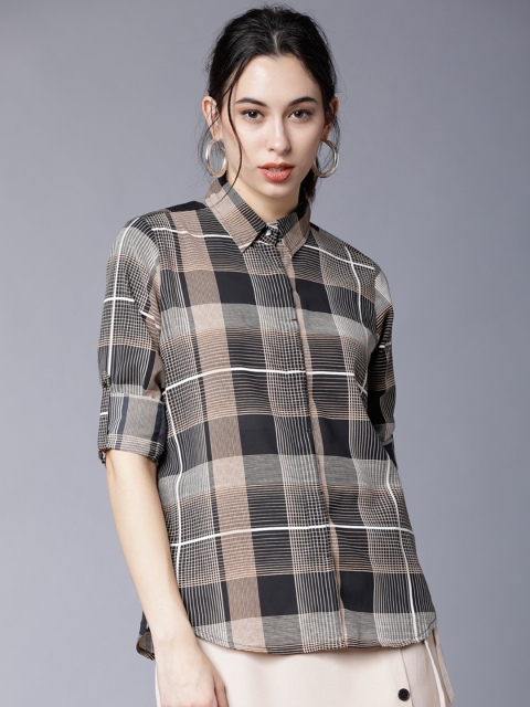 

Tokyo Talkies Women Black & Brown Regular Fit Checked Casual Shirt