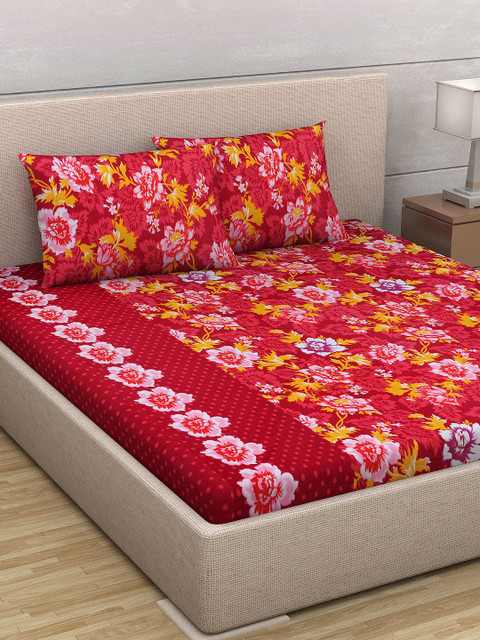 

Divine Casa Red & Yellow Floral 180 TC Cotton 1 Queen Bedsheet with 2 Pillow Covers