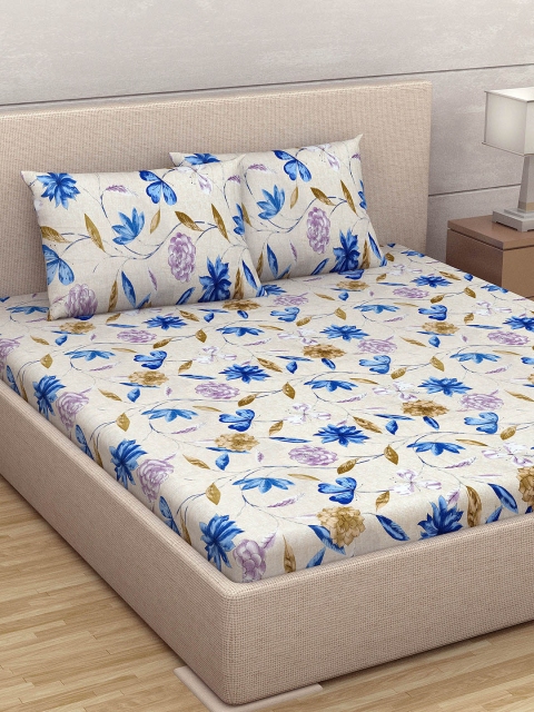 

Divine Casa Beige & Blue Floral 180 TC Cotton 1 Queen Bedsheet with 2 Pillow Covers