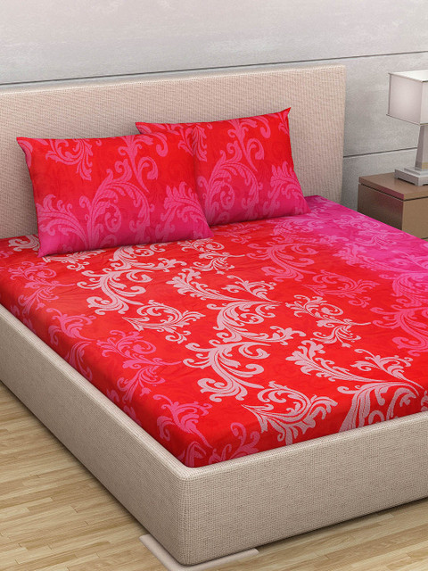 

Divine Casa Pink & Red Floral 180 TC Cotton 1 Queen Bedsheet with 2 Pillow Covers