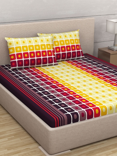 

Divine Casa Yellow Geometric 180 TC Cotton 1 Queen Bedsheet with 2 Pillow Covers
