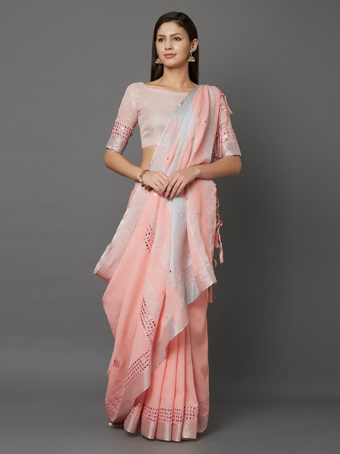 

Mitera Peach-Coloured Solid Saree