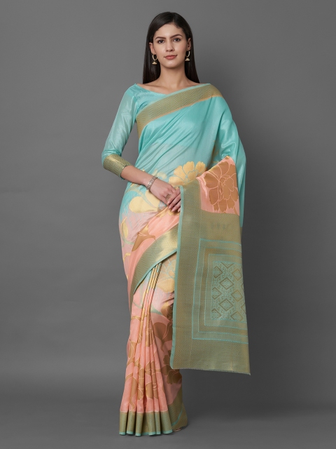 

Mitera Peach-Coloured & Blue Printed Banarasi Saree