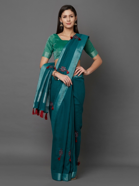 

Mitera Teal Blue Embroidered Saree