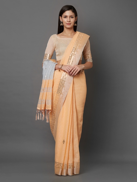

Mitera Peach-Coloured Solid Saree