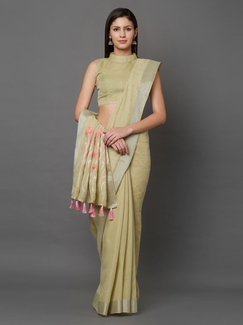 

Mitera Olive Green Embroidered Linen Blend Saree