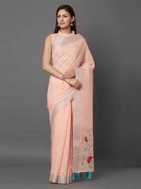 

Mitera Peach-Coloured Embroidered Linen Blend Saree