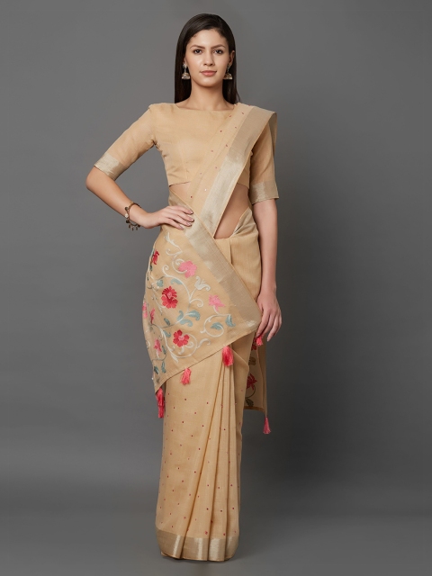 

Mitera Beige Embroidered Linen Blend Saree