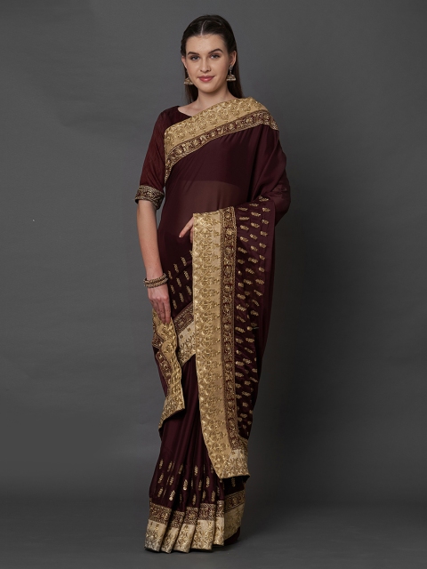 

Mitera Brown Embroidered Poly Georgette Saree