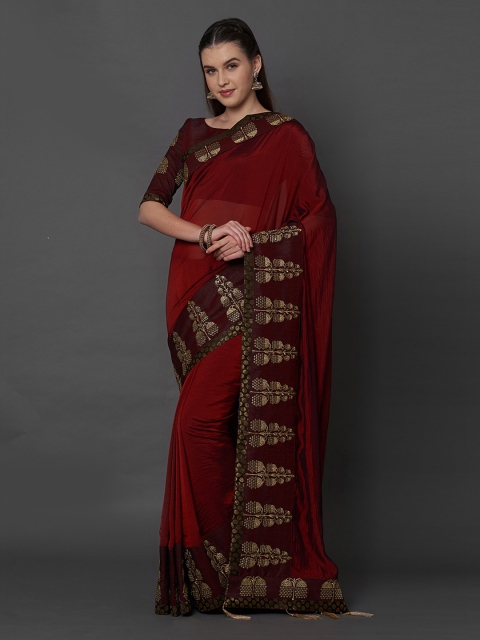 

Mitera Maroon Solid Poly Georgette Saree