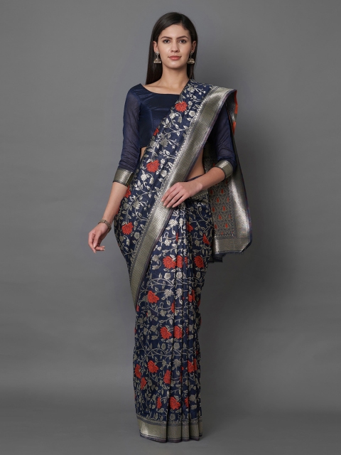

Mitera Navy Blue & Red Silk Blend Woven Design Banarasi Saree