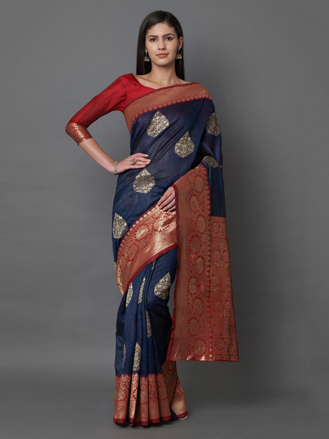 

Mitera Navy Blue & Red Silk Blend Woven Design Banarasi Saree