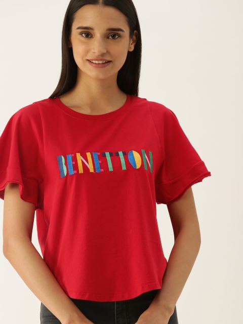 

United Colors of Benetton Women Red Embroidered Round Neck T-shirt