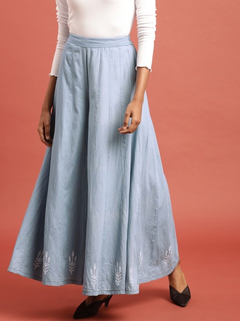 

Taavi Women Blue Block Print Legacy Chambray Panelled Flared Sustainable Palazzos