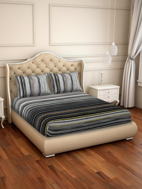 

SPACES Bamboo Grey Striped 220 TC Anti-Microbial Cotton 1 Sustainable King Bedsheet with 2 Pillow Covers