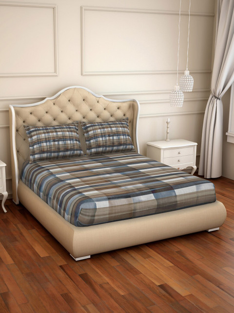 

SPACES Brown Striped 220 TC Anti-Microbial Cotton 1 Sustainable King Bedsheet with 2 Pillow Covers