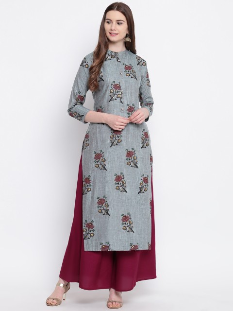 

Kvsfab Women Grey & Maroon Printed Kurta with Palazzos