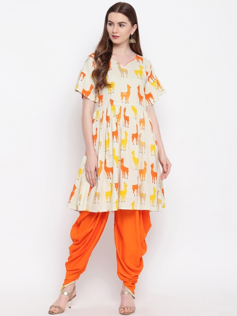 

Kvsfab Women Beige & Orange Printed Kurti with Palazzos