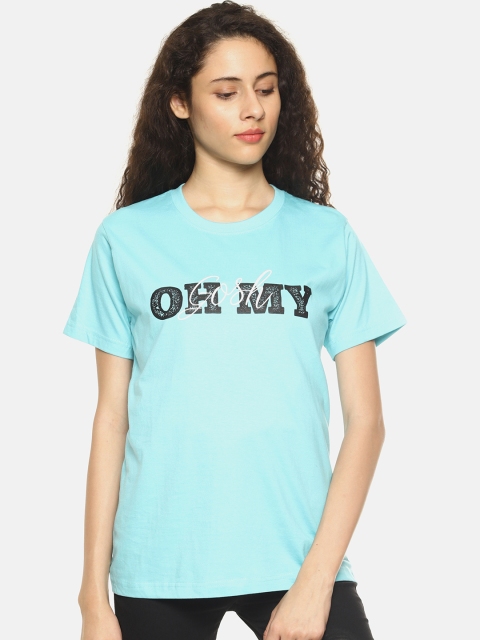 

OBOW Women Turquoise Blue Printed Round Neck T-shirt