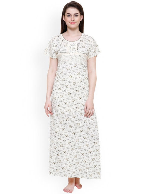 

Secret Wish Off-White & Olive Green Printed Nightdress NT-E137-670
