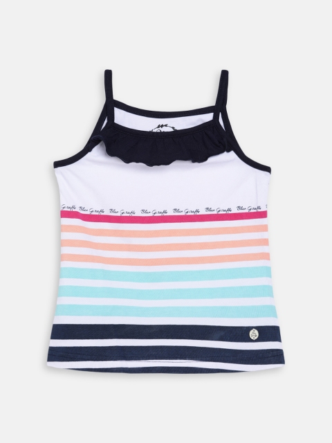 

Blue Giraffe Girls White Striped Round Neck T-shirt