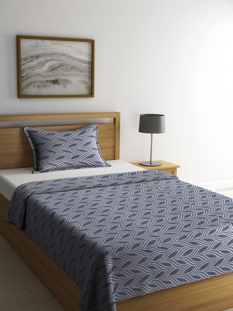 

NEUDIS Blue & White Self Design Single Bed Cover with Pillow Cover