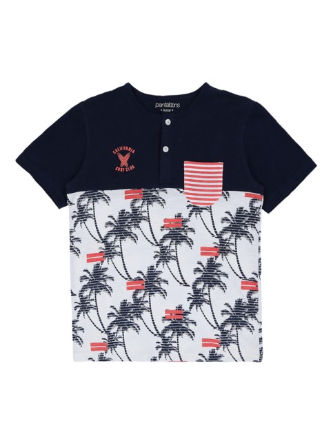 

Pantaloons Junior Boys Navy Blue Printed Henley Neck Pure Cotton T-shirt
