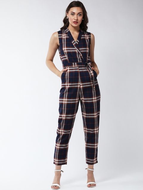 

MAGRE Navy Blue & Grey Checked Basic Jumpsuit