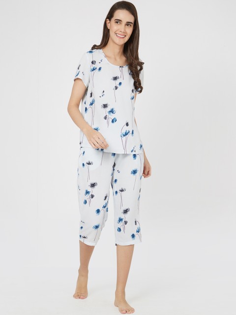 

Mystere Paris Women White & Blue Printed Night Suit H347B
