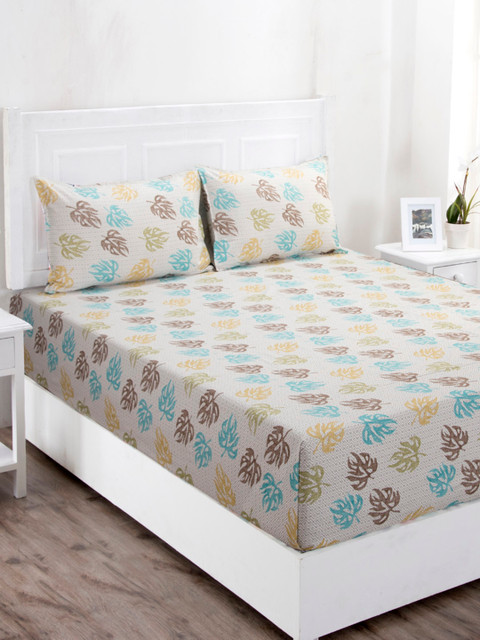 

MASPAR Off-White Floral 144 TC Cotton 1 Queen Bedsheet with 2 Pillow Covers