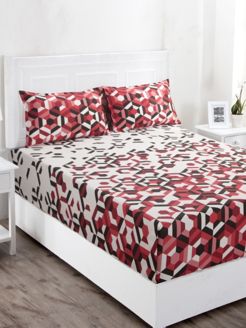 

MASPAR Red & White Geometric 144 TC Cotton 1 Queen Bedsheet with 2 Pillow Covers