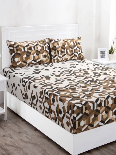 

MASPAR Brown & White Geometric 144 TC Cotton 1 Queen Bedsheet with 2 Pillow Covers