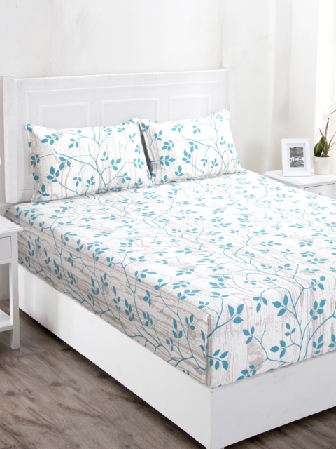 

MASPAR Off-White & Blue Floral 144 TC Cotton 1 Queen Bedsheet with 2 Pillow Covers