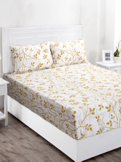 

MASPAR Off-White & Mustard Floral 144 TC Cotton 1 Queen Bedsheet with 2 Pillow Covers