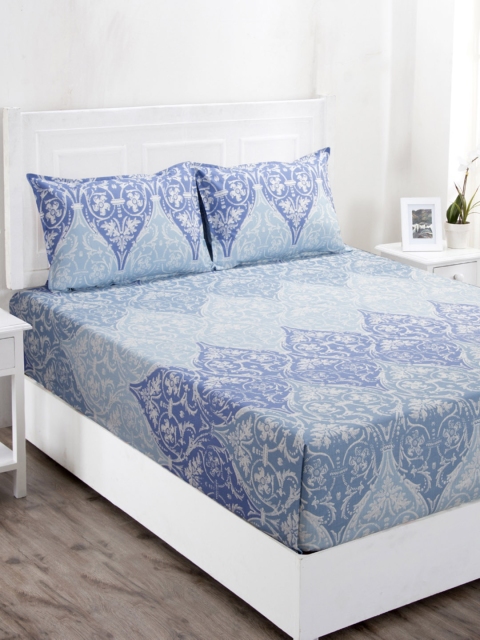 

MASPAR Blue Floral 144 TC Cotton 1 Queen Bedsheet with 2 Pillow Covers