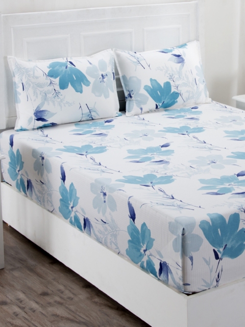

MASPAR Blue Floral 210 TC Cotton 1 Queen Bedsheet with 2 Pillow Covers