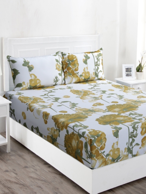 

MASPAR White & Yellow Floral 210 TC Cotton 1 Queen Bedsheet with 2 Pillow Covers
