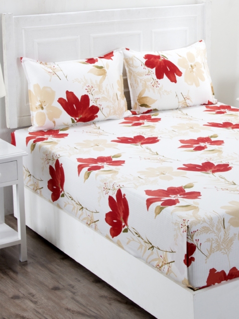 

MASPAR White & Red Floral 210 TC Cotton 1 King Bedsheet with 2 Pillow Covers