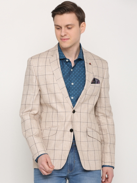 

SIMON CARTER LONDON Men Beige Checked Slim-Fit Single-Breasted Pure Cotton Blazer